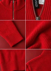RED RIBBED HALF-ZIP CROPPED SWEATER