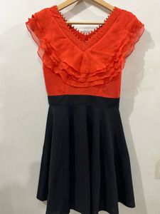 S Orange &amp; Black Ruffle Belted Fit &amp; Flare Dress