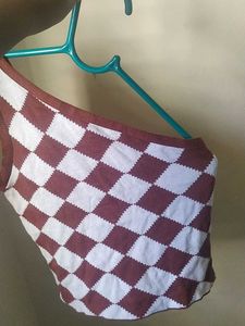Cute Brown &amp; White Argyle Crop Top &amp; Denim Skirt S