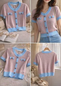 Chic Knit Top - Pink with Blue Trim