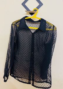 Black Sheer Polka Dot Mesh Shirt Top