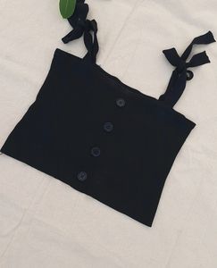 Women Black  Solid Lace Up Button Tank Top