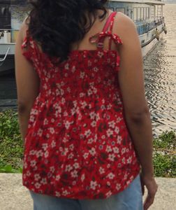Red Floral Smocked Top