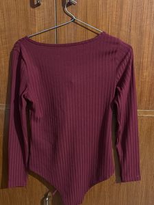 Maroon Ribbed Lace-Up Bodysuit