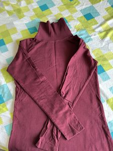 Burgundy High Neck Long Sleeve Dress
