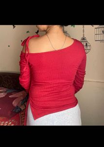 Red Cold Shoulder Tie-Up Top