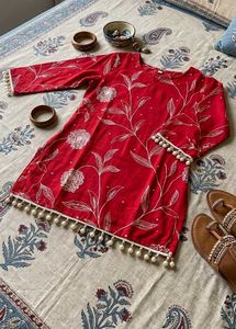 Red Floral Print Kurti with Tassels