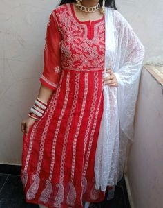 Red Embroidered Anarkali Gown