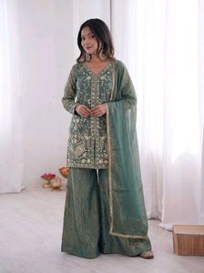 Elegant Green Embroidered Kurta Sharara Set