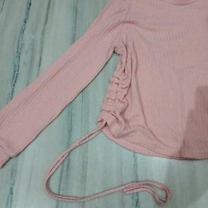 SHEIN Pink Ribbed Ruched Tie-Side Full Sleeve Top
