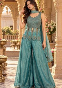 Stunning Teal Embellished Peplum gabbana Set