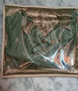 Elegant Olive Green Blouse with Golden Work dupatt