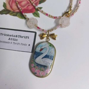 Enchanted Swan Clay Pendant Beaded Necklace