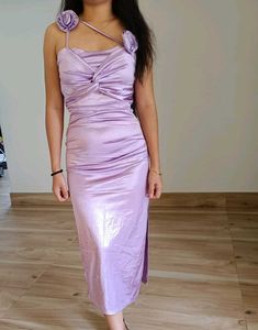 Lilac Ruched Satin Midi Dress
