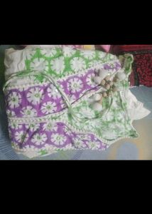 White Cotton Anarkali Kurti with Purple &amp; Green Em