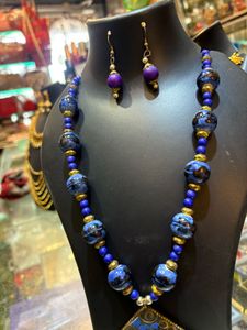 Boho Blue Beaded Necklace &amp; Earring Set