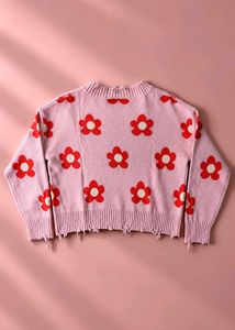 PINK RED FLOWER DISTRESSED V-NECK KNIT SWEATER