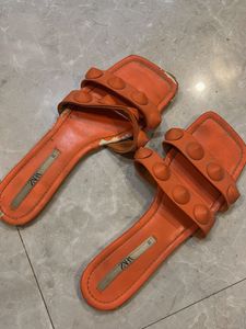Orange Studded Flat Sandals