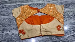 Beige &amp; Orange Embroidered Blouse