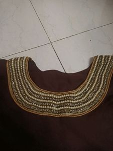 Georgette &amp; Crepe brownKurti Collar Work with Appl