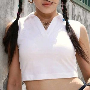 Sleeveless White Cropped Polo | Collared Top |