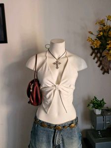 White Halter Neck Bow Front Top