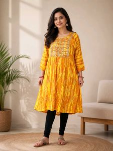 Yellow Tie-Dye Kurta with Embellished Neck