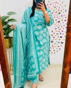 Teal Floral Kurta Set with Dupatta