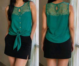 Stylish Teal Lace Detail Tie-Front Top