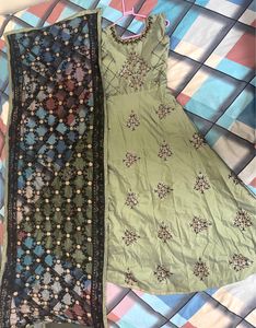 Pista And Navy Full Work Gown With Heavy Duppatta