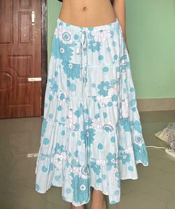 Blue Floral Tiered Midi Skirt