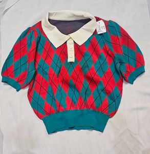 SHEIN Retro Argyle Polo Pattern Puff Sleeve Knit T
