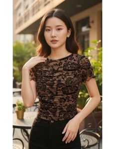Brown Floral Mesh Top