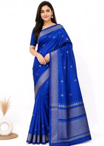 New Royal Blue Silk Saree with Silver Border