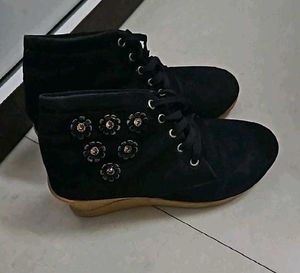 Black Ankle Boots with Floral Detail