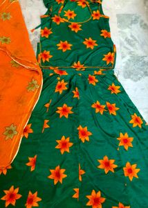 #Green Floral Print Lehenga Choli Set