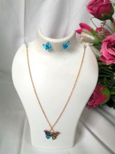 Cute Butterfly Blue Metal Necklace & Earrings Set
