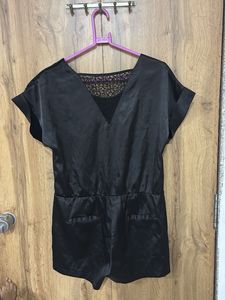 Chic Black Satin Romper with Lace Detail