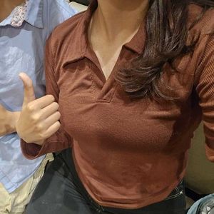 Chic Brown Ribbed Collared Top
