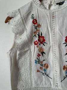 Embroidered White Lace Trim Top
