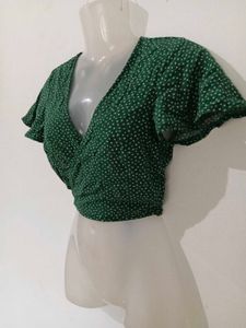 Chic Green Polka Dot Wrap Top