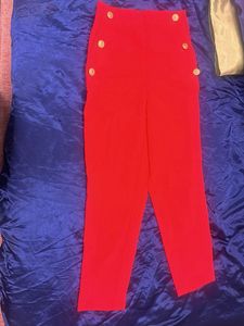 Red Slim Fit Pants with Gold Button Details