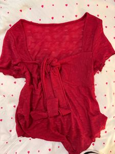 Chic Red Textured Square Neck Tie-Front Top