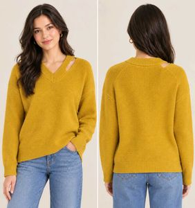Mustard Yellow Cut-Out V-Neck Sweater
