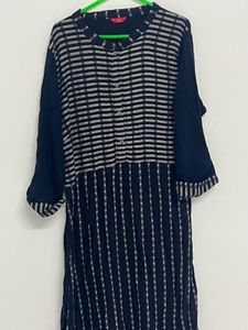 Navy Blue Striped Cotton Kurta