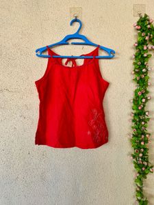 Vibrant Red Tank Top with Floral Embroidery