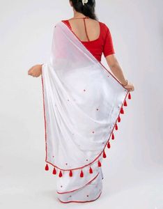 White Saree with Red Embellishments