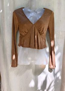 32279. Chic Brown Long Sleeve Plunge Neck Top