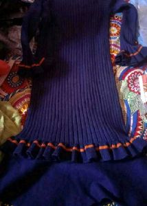 Navy Blue Ribbed Dress with Orange Trim