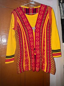 Yellow &amp; Pink Patterned Long Cardigan